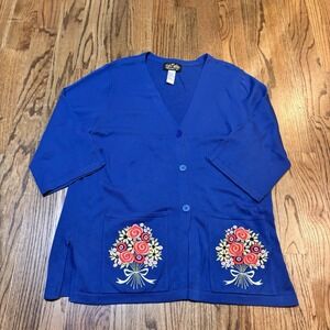 Bob Mackie Wearable Art Cardigan Size Large‎ Blue Floral Embroidered Pockets